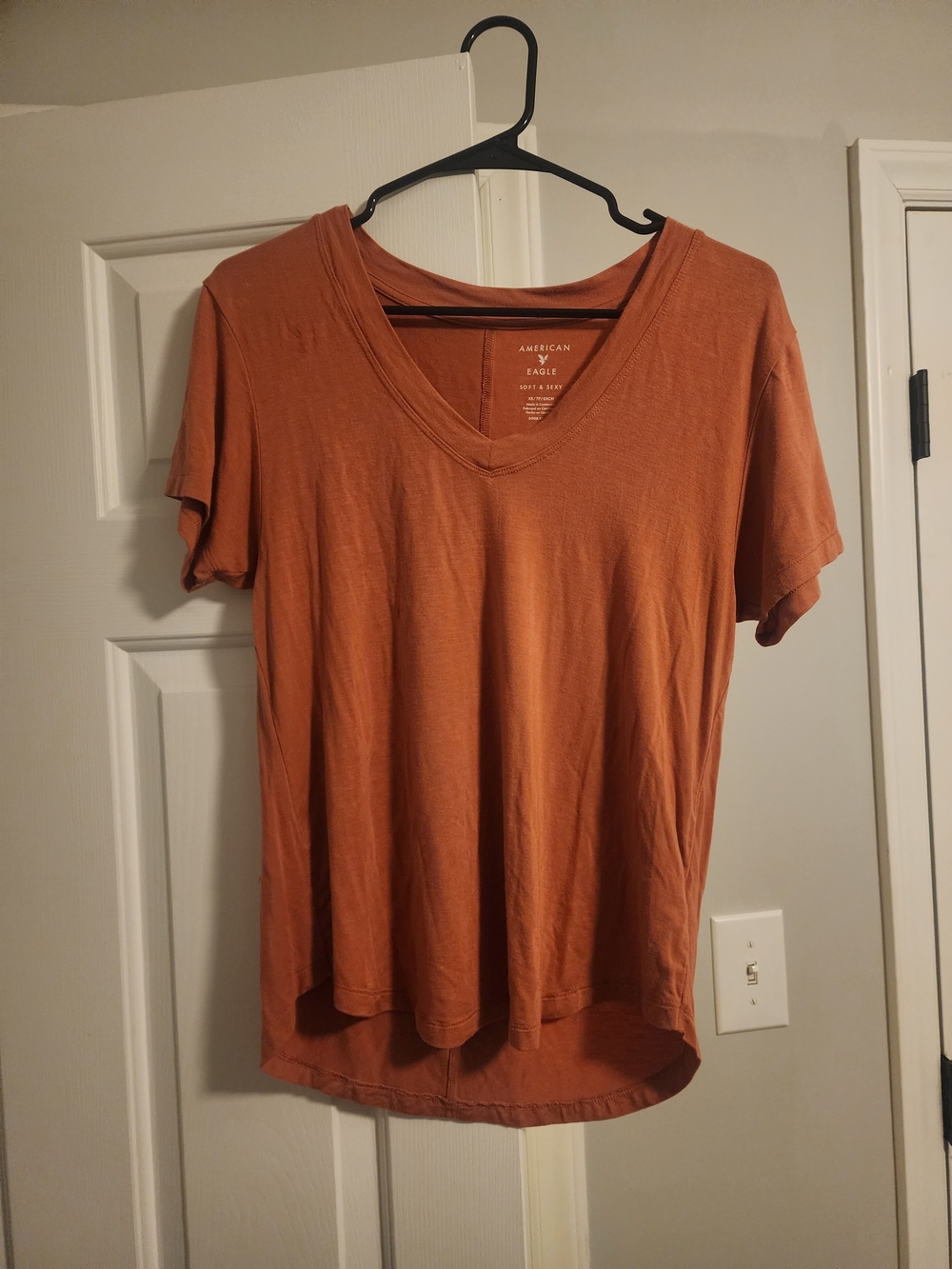 American Eagle Outfitters Short Sleeve V-Neck Tee in rust orange